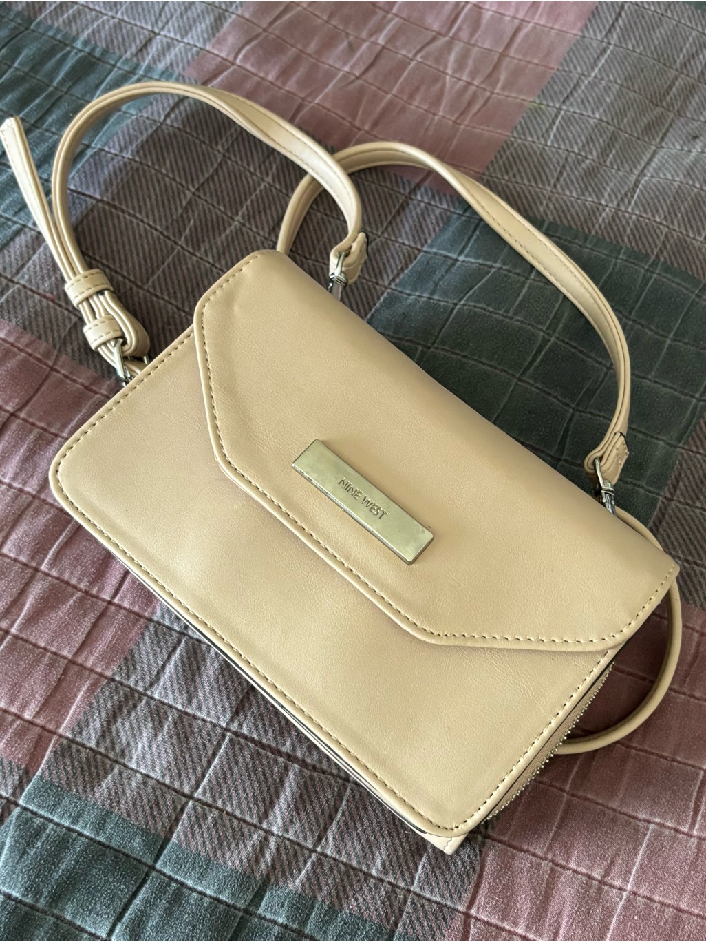 Nine West Beige Crossbody Bag With Gold Plaque